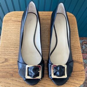 Nine West Black and Gold “Maibu” Peep Toe Shoes with Chic Buckle